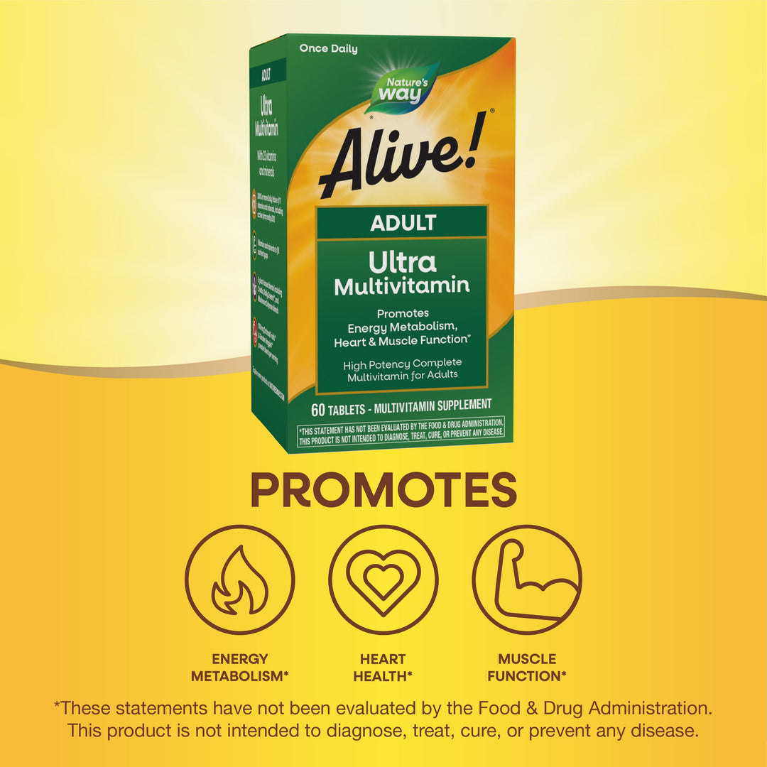 Nature&#39;s Way Alive! Adult Ultra Multivitamin, Promotes Energy Metabolism, Heart &amp; Muscle Function*, with B-Vitamins Including Methylated B12, Gluten Free, 60 Tablets (Packaging May Vary)