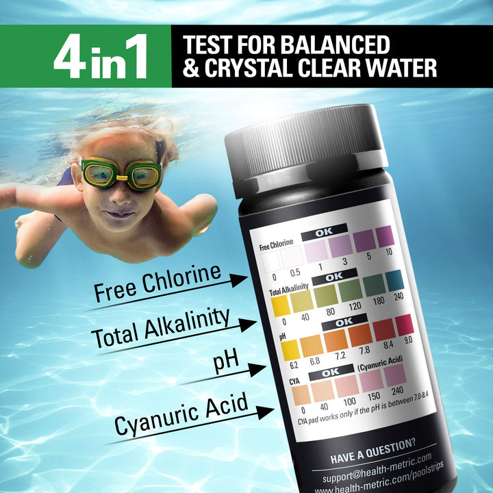 4-Way Pool and Spa Test Strips | 50 ct | Swimming Pool Testing Strip Kit for Chlorine Alkalinity pH &amp; Cyanuric Acid | Easy to Use Chemical Tester | Fast &amp; Accurate Water Maintenance