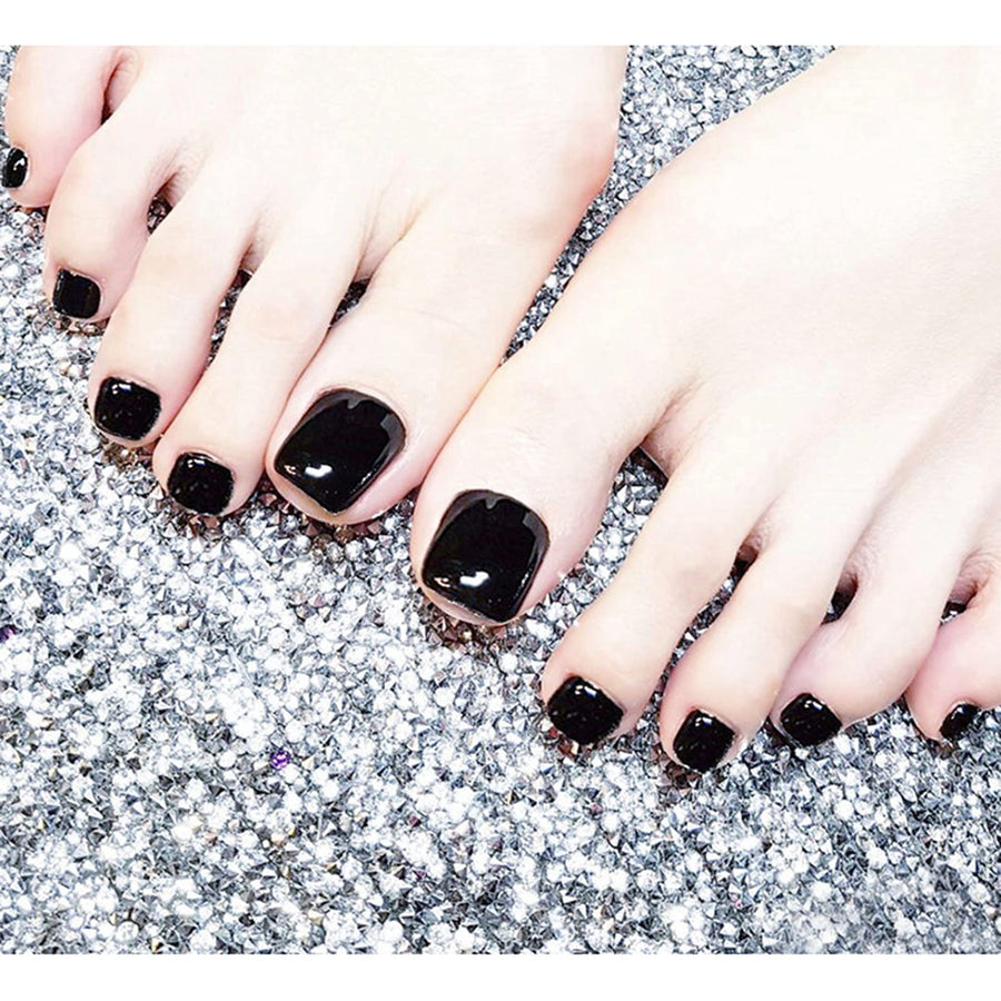 24PCS Solid Color Press On Toe Nails Glossy False Toe Nail Fashion Fake Toenails for Women Full Cover Acrylic Foot Nails Design Toenail Tips (Black)