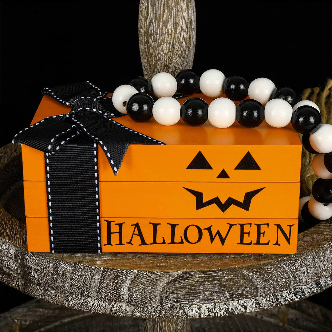 Halloween Wooden Book Stack Pumpkin Wooden Block Signs with Bead Ornament Halloween Wooden Faux Books Tiered Tray Decor for Home Kitchen Shelf Tabletop Display Halloween Party Decorations