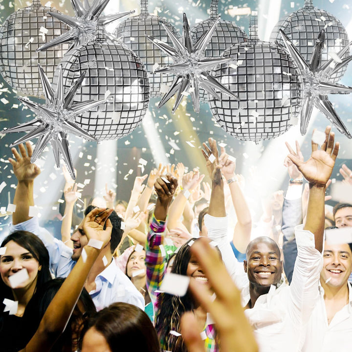 Disco Ball Balloons for 70s Disco Party Decor, 22 Inch Large 4D Metallic Silver Disco Balloons with Stars Balloons for Disco Themed Party, Birthday New Year Christmas Decor 9pcs
