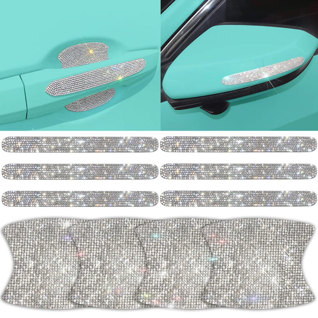10PCS Car Rhinestone Bling Door Handle & Cups Protective Guards Reflective Trim Universal Safety Scratch Resistant Sticker Protectors,Sliver White