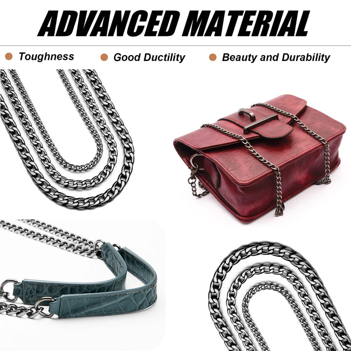 4Pcs Gun-Black 7.5 Inch 15.74 Inch 39.37 Inch 47.2Inch Luxury Fashion Replacement Flat Chain Strap with Buckles Set, Perfect for DIY Metal Shoulder Purse Replacement