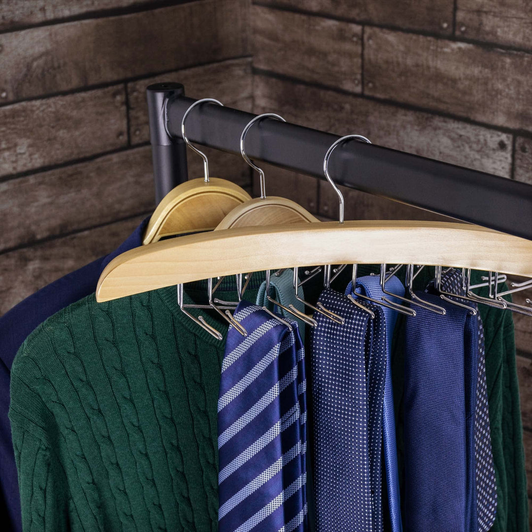 Hanging Tie Holder Organizer Rack - Premium Wooden Tie Hanger with 24 Folding Accessory Hooks for Closet Space Saving