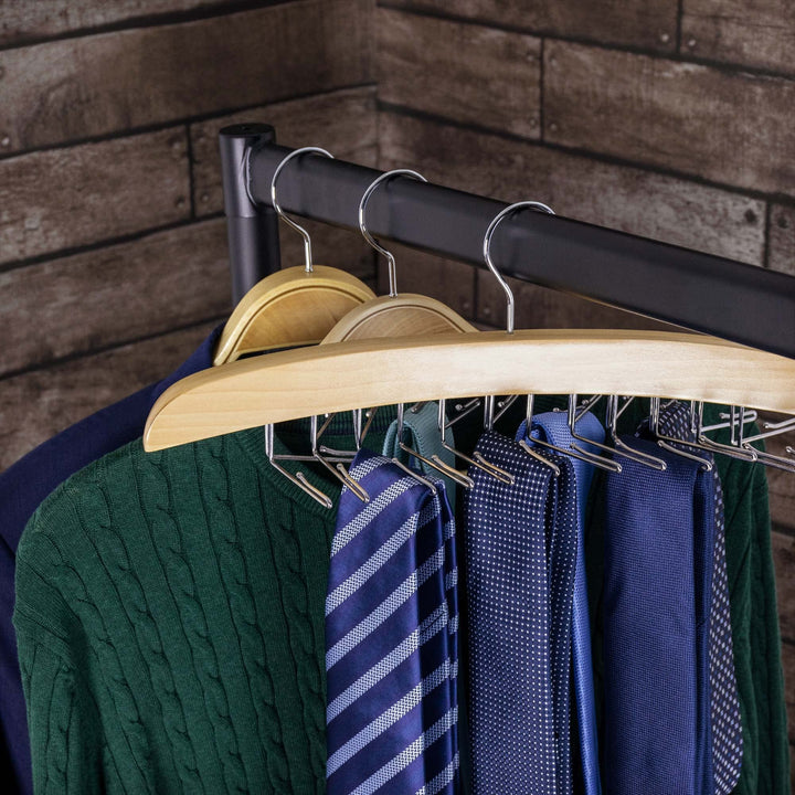 Hanging Tie Holder Organizer Rack - Premium Wooden Tie Hanger with 24 Folding Accessory Hooks for Closet Space Saving