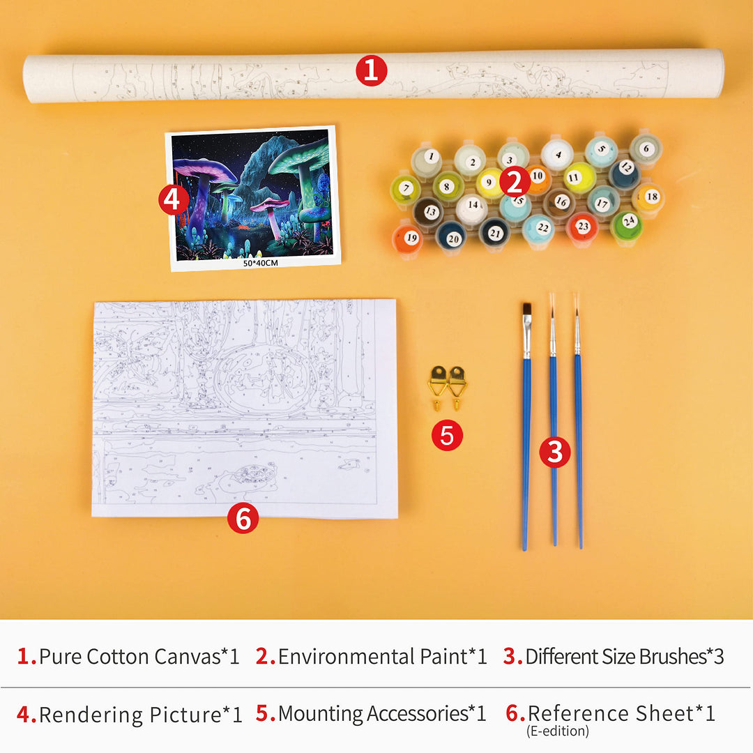 Night Mushroom World DIY Oil Painting Kit on Canvas Paint by Numbers for Adults Beginner &amp; Kids with Paintbrushes and Acrylic Pigment Arts Craft for Home Wall Decor Children&#39;s Gift 40x50cm
