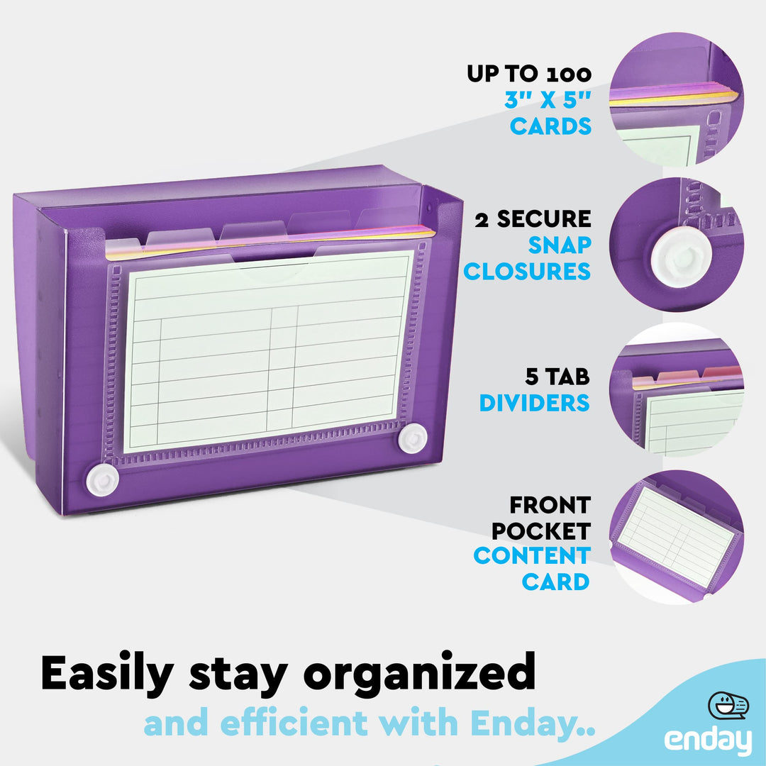 Index Card Holder Purple, 3x5 Note Flash Card Organizer Case, File Box with 5 Dividers, Notecard Box Holds 100 Cards, Also Available in Red, Blue, Green, Pink, Grey, 1 Pack – By