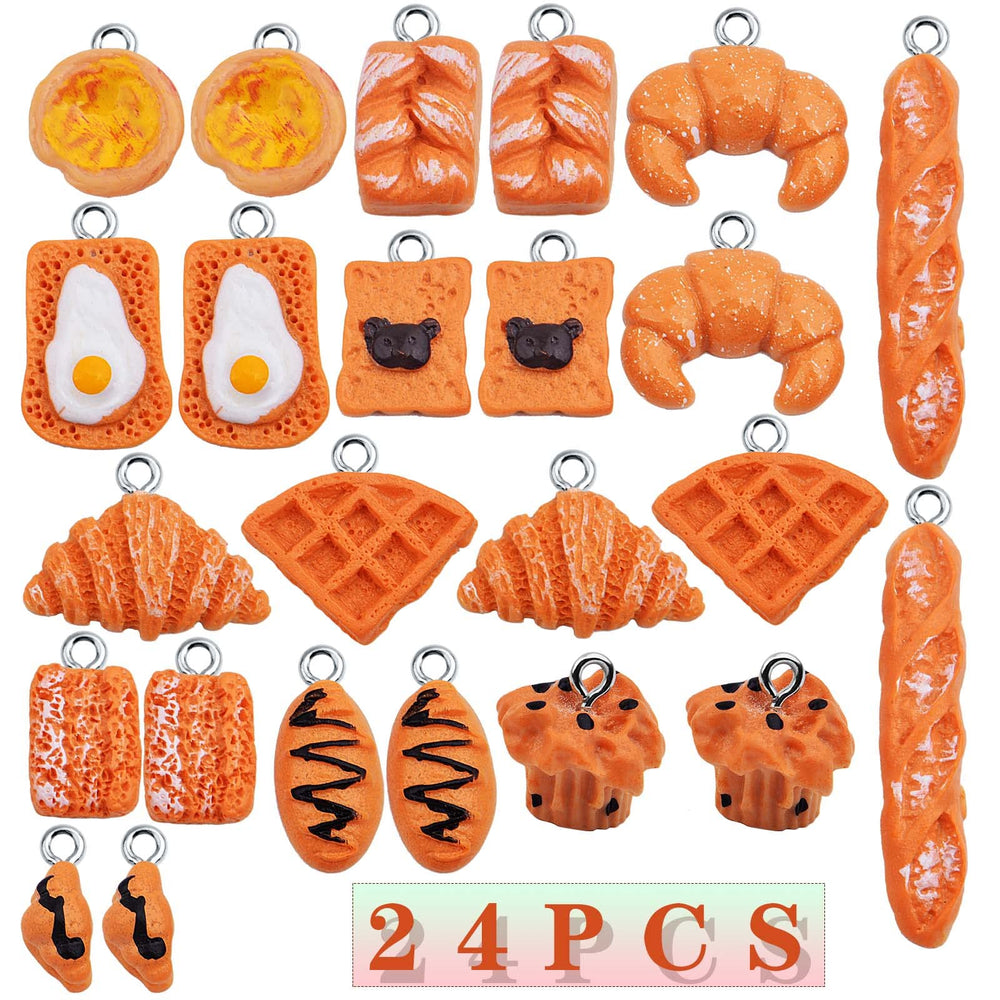 24pcs Mixed Imitation Food Charms Resin Loaf Bread Baking Baguette Cake Croissant Waffle Egg Tart Dangle Pendants Ornament for DIY Necklace Keychain Jewelry Making