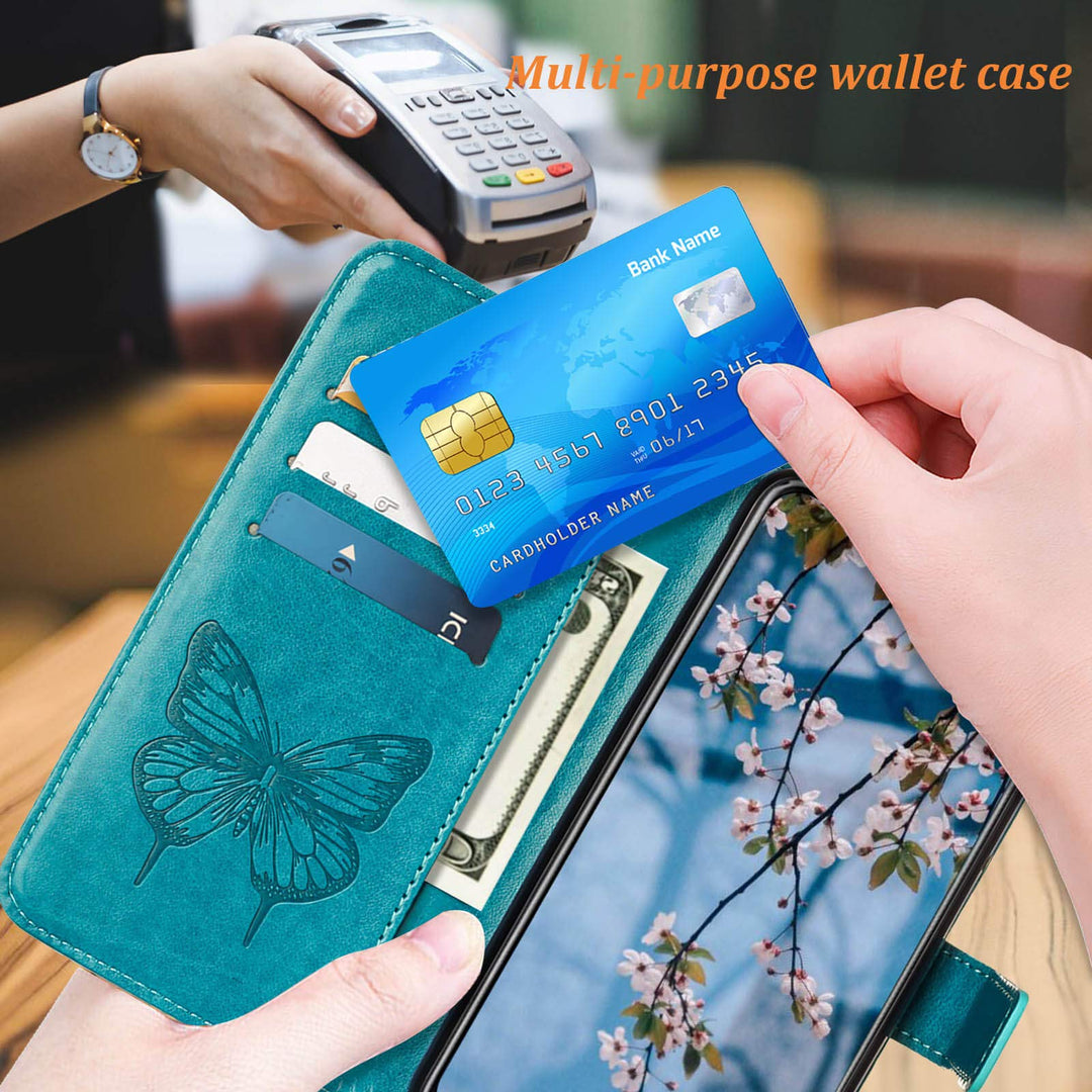 Compatible for Moto G Stylus 2021 Case Wallet,[Kickstand][Wrist Strap][Card Holder Slots] Butterfly Floral Embossed PU Leather Flip Cover for Moto G Stylus (2021) Case (Blue)