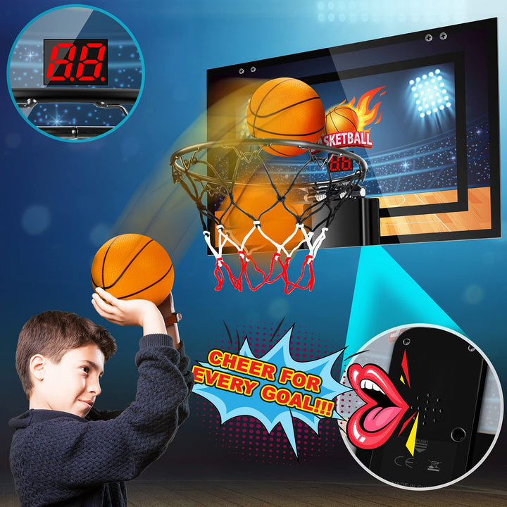 Basketball Hoop Indoor, Basketball Mini Hoop Pro Basketball Hoop Over The Door with Cool LED Lights, Boys Gifts Basketball Toys Gifts Room Accessories for Teen Boys 8-12
