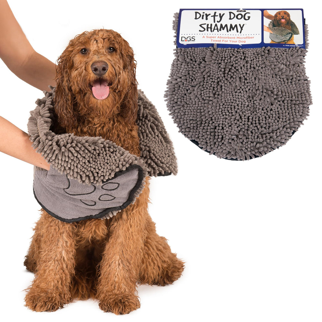 The Dirty Dog Shammy - Fast Drying Plush Shammy Towel with Dual Hand Pockets and Elastic - Super Absorbent Microfiber and Machine Washable - Grey