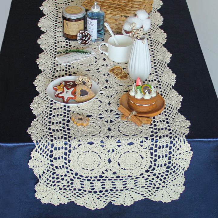 Handmade Crochet Lace Rectangular Table Runner 15 x 36 Inch, Beige