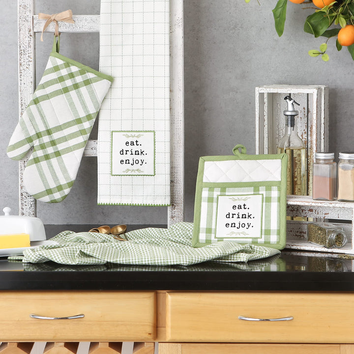 Home Sweet Farmhouse Kitchen Collection, Potholder/Oven Mitt/Dishtowel Set, Antique Green, 4 Count