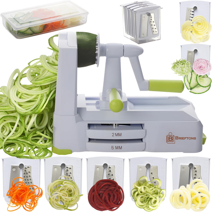 7-Blade Vegetable Spiralizer: Strongest-Heaviest Spiral Slicer, Best Veggie Pasta Spaghetti Maker for Low Carb/Paleo/Gluten-Free Meals, With Container, Lid, Blade Caddy &amp; 4 Recipe Ebooks