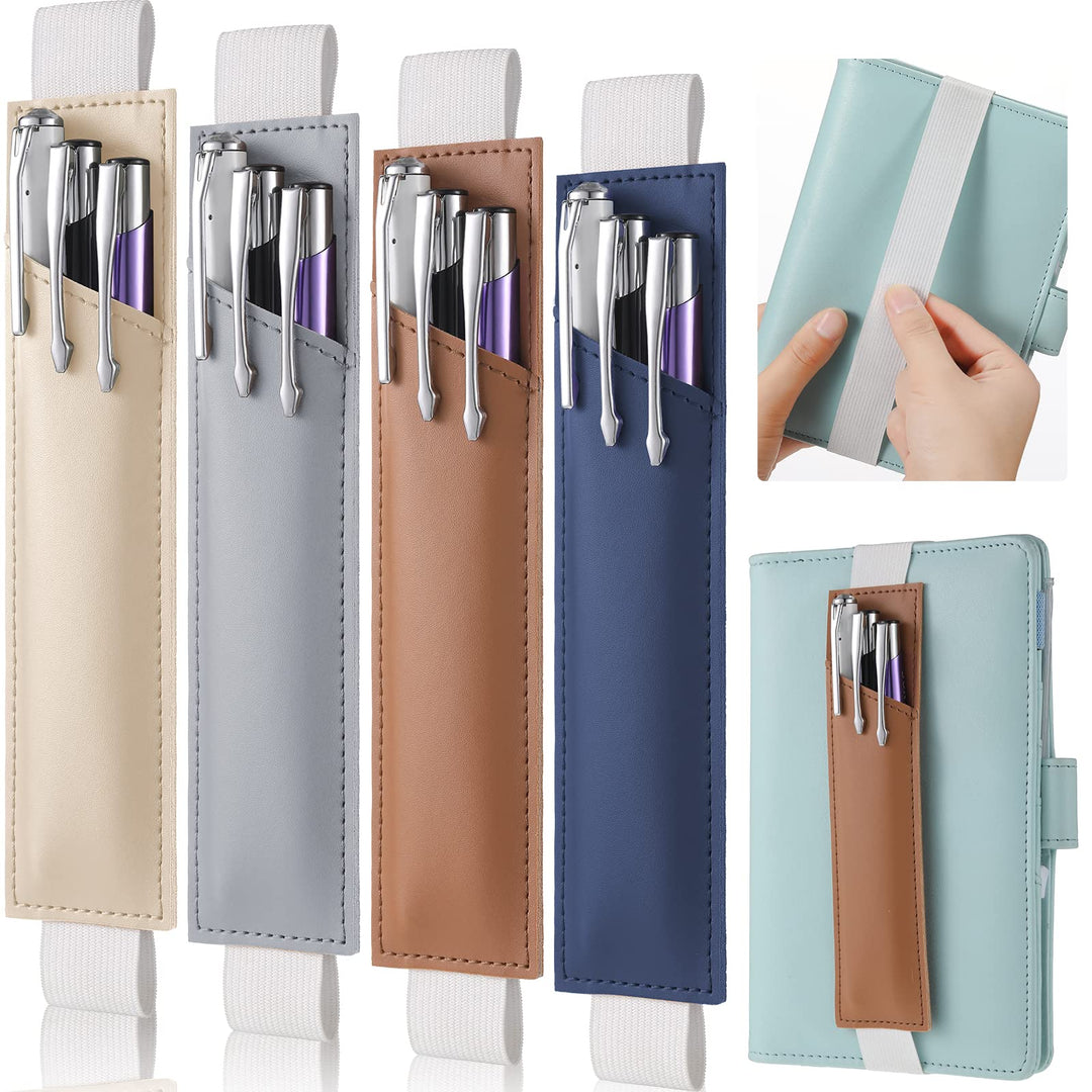 4 Pieces Adjustable Pen Holder for Notebook Elastic Strap Band PU Leather Pen Sleeve Pouch for Hardcover Journals for Gift, 8-1.5 Inch(Khaki, Gray, Brown, Navy)