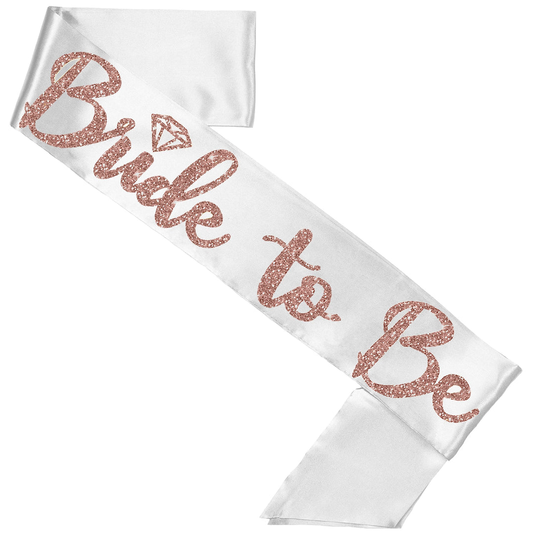 Bride Rose Gold Bridal Sash - Luxe Bridal Grade Satin Bride to Be Glitter with Diamond Motif - Bachelorette Party Decorations - White Satin Sash(BrdDia RsGld) Wht