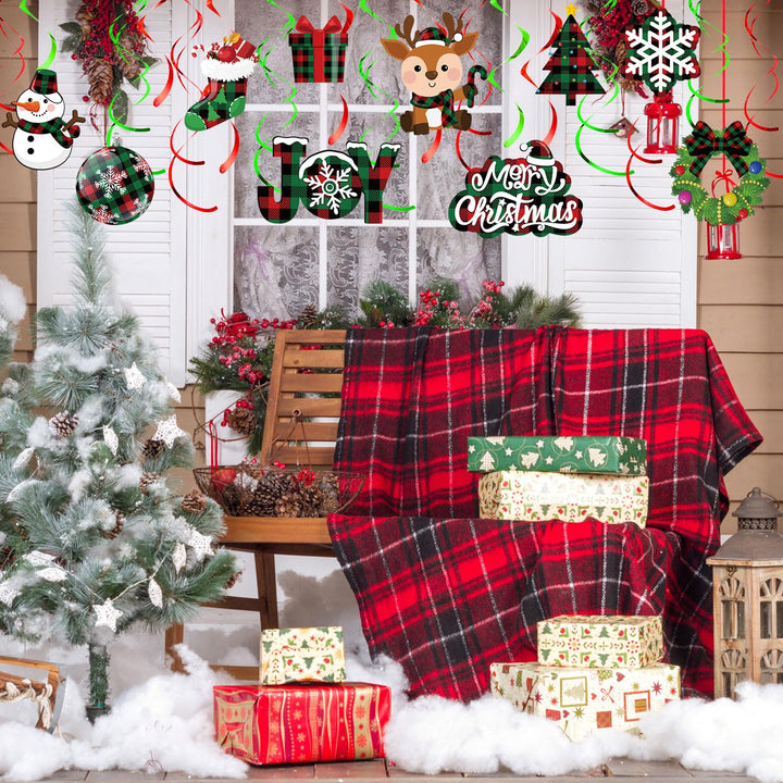 30 Pieces Christmas Hanging Foil Swirl Decorations Set Xmas Holiday Snowman Elk Sign Hanging Swirls Ceiling Decorations for Indoor Outdoor Happy Christmas Holiday Party Decor (Red, Black)