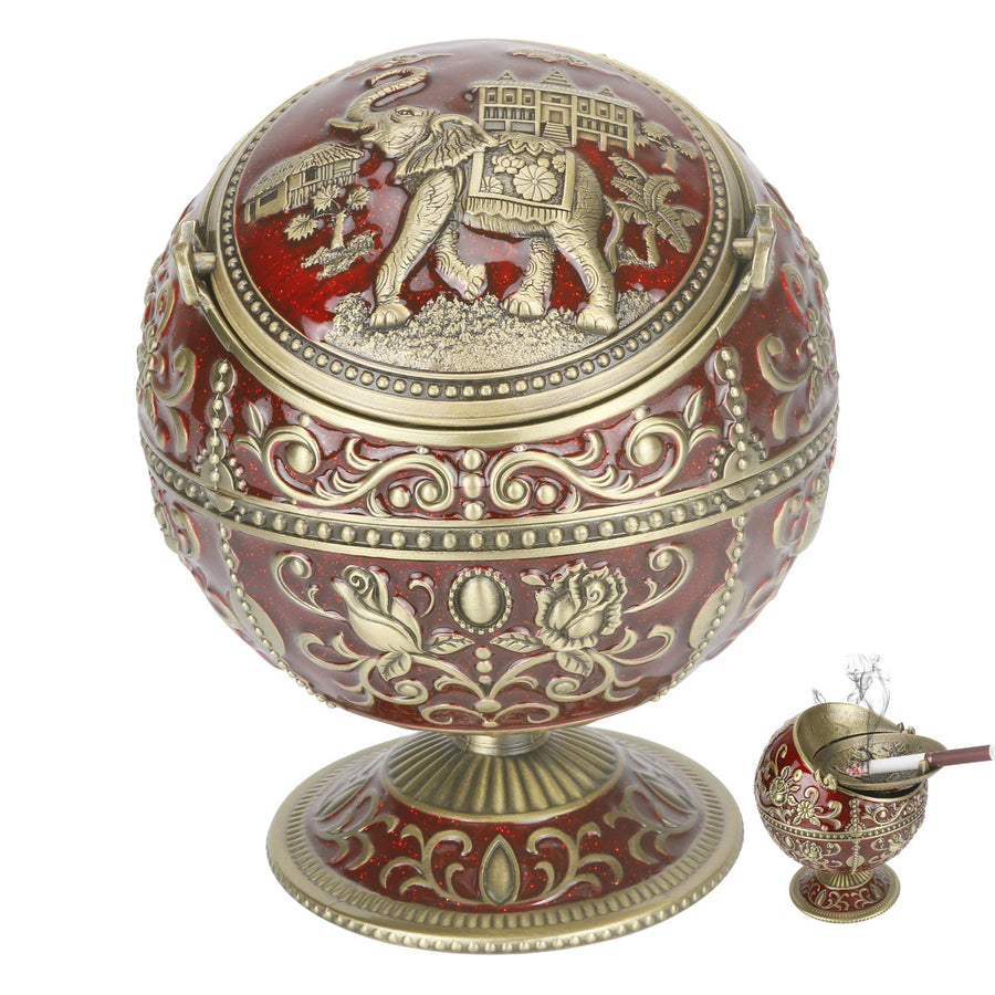 Vintage Ashtray with Lid for Cigarettes Metal Portable Ashtray for Outdoors Indoors Hand Stamped Windproof Ash Tray Classy Gift for Men Women(Dark Red with Bronze Rose Elephant)