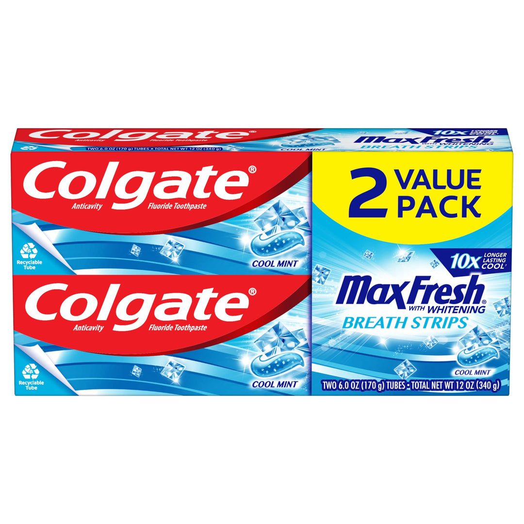 Max Fresh Whitening Toothpaste with Mini Breath Strips, Cool Mint, 6 oz (2 pack)
