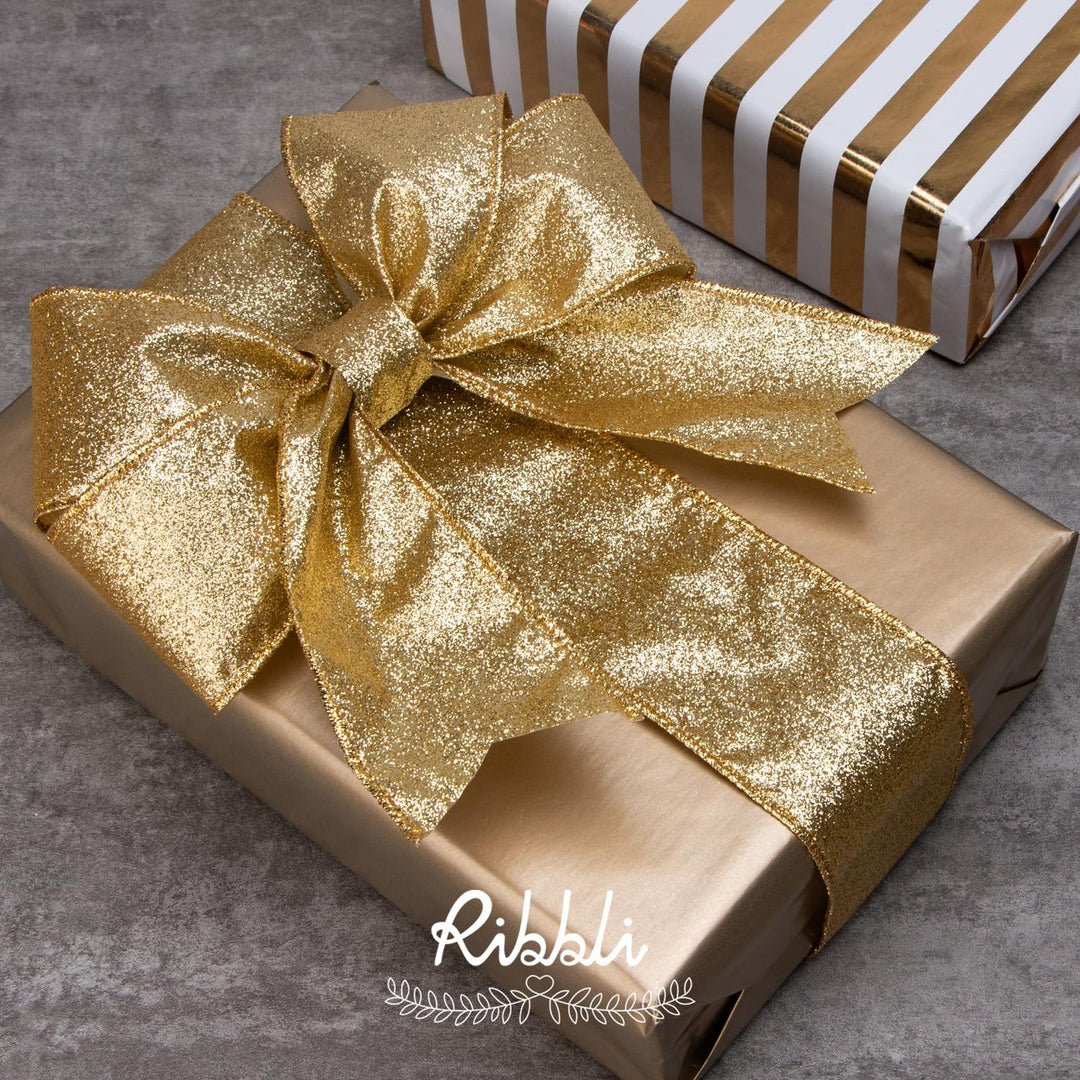 Gold Glitter Wired Ribbon with Gold Metallic Edge,Christmas Ribbon for Wreath, Tree Decoration, Home Decor, 2-1/2 Inch x 10 Yards