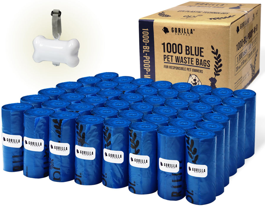 1000 Dog Poop Waste Bags with Dispenser and Leash Tie, 9 x 13, Blue, 1000 Count