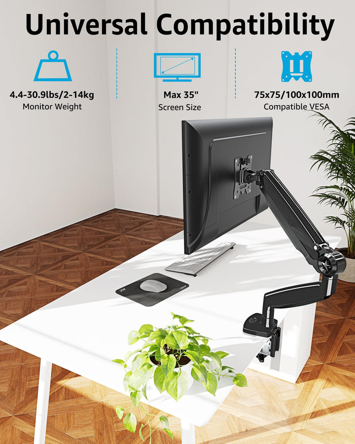 Single Monitor Stand for 13-35 Inch Larger Screen, Heavy Duty Monitor Arm Holds up 4.4-30.9 lbs, Fully Motion Gas Spring Monitor Mount, Computer Monitor Stand with C-Clamp &amp; Grommet Base