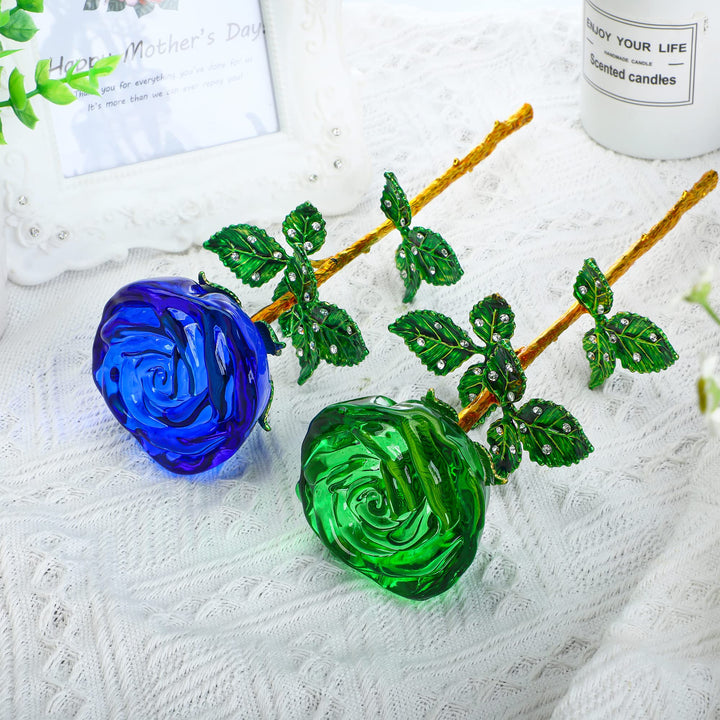 HDCRYSTALGIFTS Crystal Rose Flower Glass Blue and Green