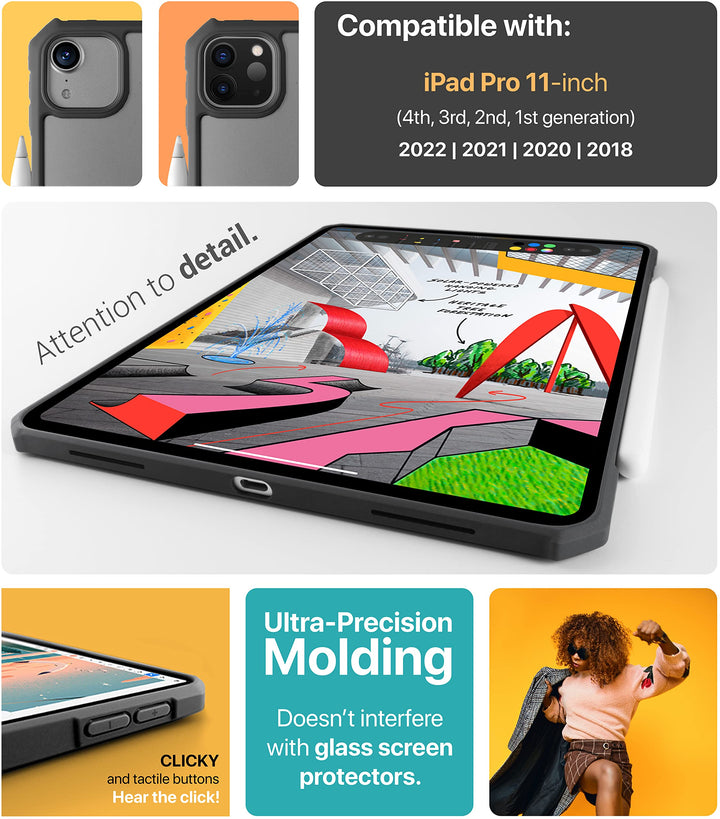 iPad Pro 11 inch Case 2022, 2021, 2020 &amp; 2018 (4th, 3rd, 2nd &amp; 1st Generation) Ultra Thin Matte Clear, Supports Apple Pencil Wireless Charging, Absorbs Shock (Black/Matte Back)