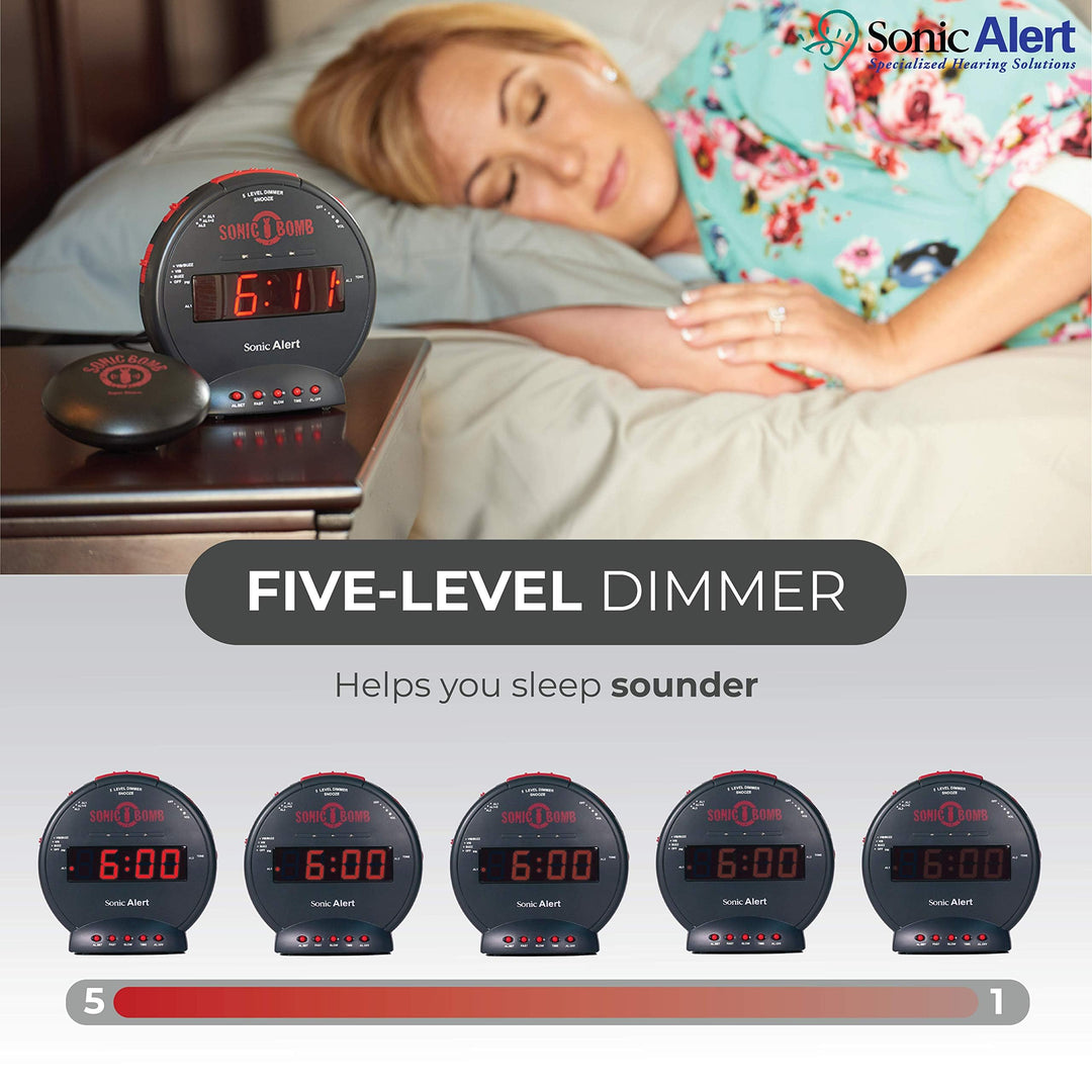 Sonic Bomb Dual Extra Loud Alarm Clock with Bed Shaker, Black | Vibrating, Heavy Sleepers, Battery Backup | Wake with a Shake