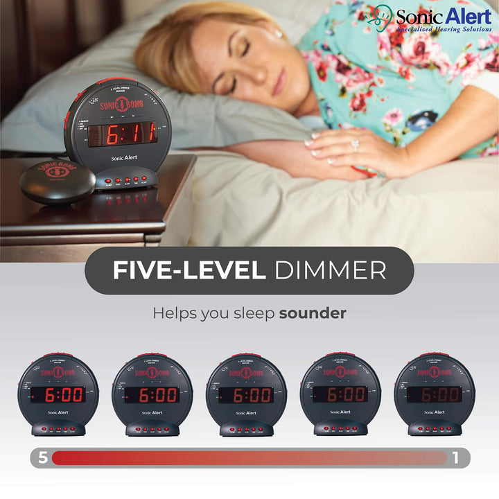 Sonic Bomb Dual Extra Loud Alarm Clock with Bed Shaker, Black | Vibrating, Heavy Sleepers, Battery Backup | Wake with a Shake
