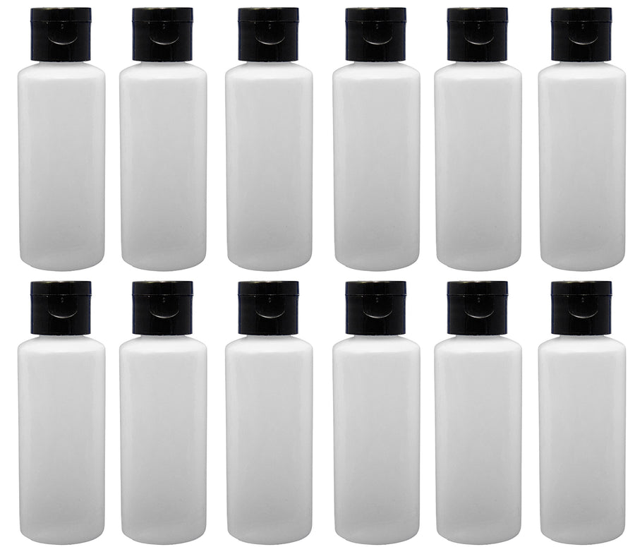 Black Cap: 12 - 2-ounce Travel Bottles with Flip Caps (Black Cap)
