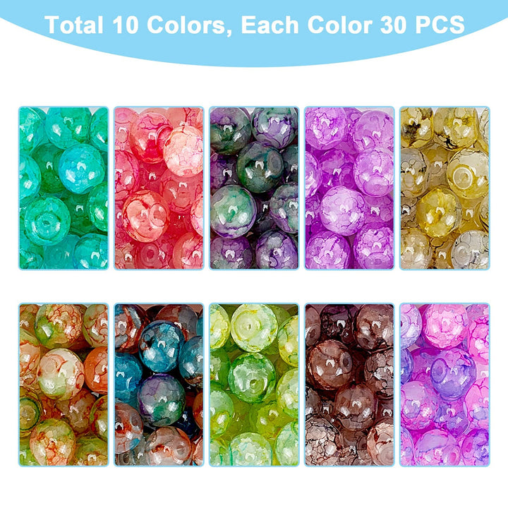 300pcs 8mm Glass Beads Baking Painted Crackle Beads 10 Color Round Glass Loose Beads Imitation Stone Spacers for Necklace Friendship Bracelet Earring Jewelry Making Christmas Ornament