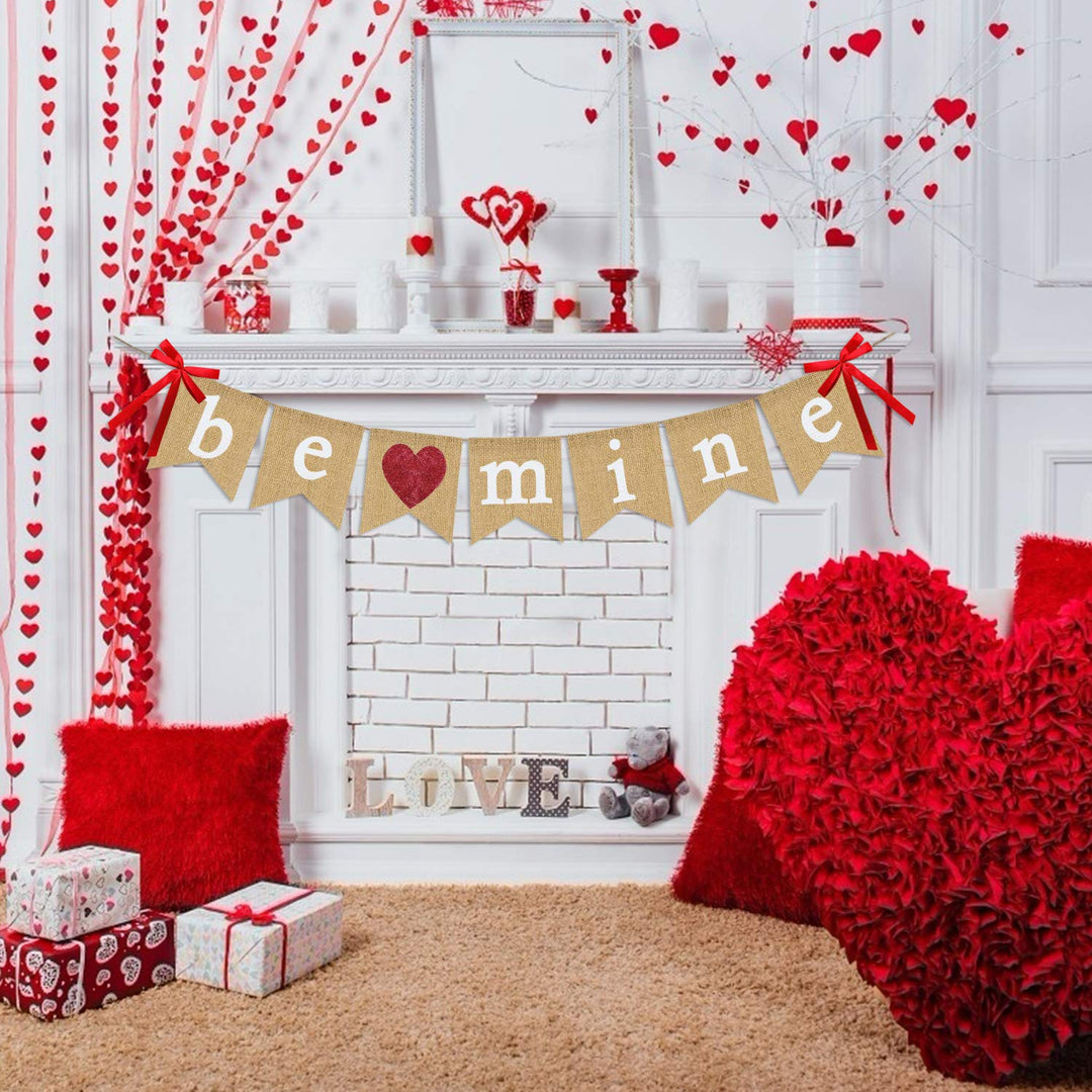 Be Mine Burlap Banner | Valentine&#39;s Day Decorations | Valentines Banner with Glitter Heart Sign | Be Mine Bunting Banner | Valentines Day Indoor Outdoor Home Office Hanging Decor
