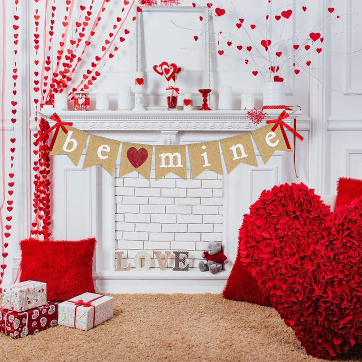 Be Mine Burlap Banner | Valentine&#39;s Day Decorations | Valentines Banner with Glitter Heart Sign | Be Mine Bunting Banner | Valentines Day Indoor Outdoor Home Office Hanging Decor