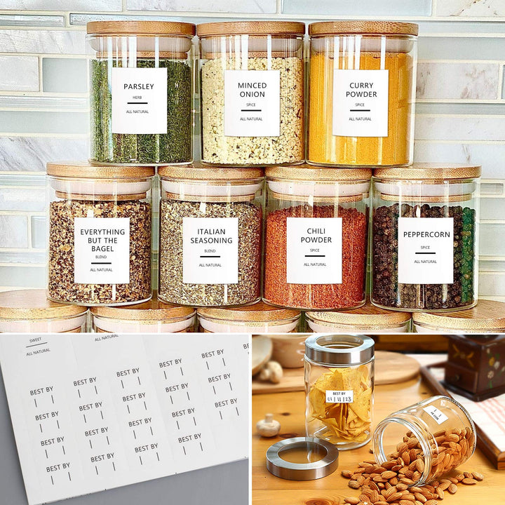Cagseia 114 Spice Jar Labels Preprinted Minimalist White Label, Fit Round or Rectangle Spice Jars, Waterproof Labels Stickers, Herb Seasoning Kitchen Pantry Labels