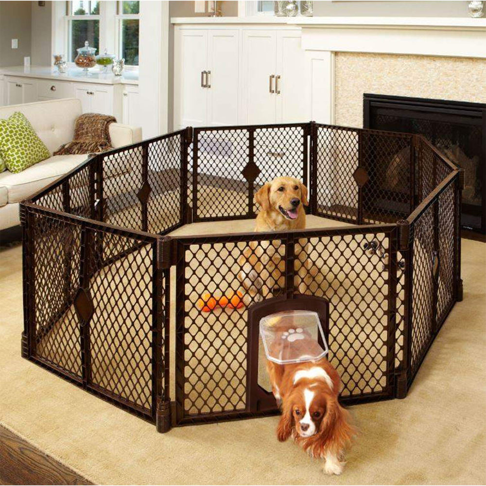 North States MyPet Petyard Passage: 6.5 Ft. Wide Customizable Folding Dog Playpen Indoor/Outdoor. Made in USA. 8-panel Puppy Playpen, Lockable Pet Door. Freestanding Play Pen Dog Gate 26 Tall, Brown
