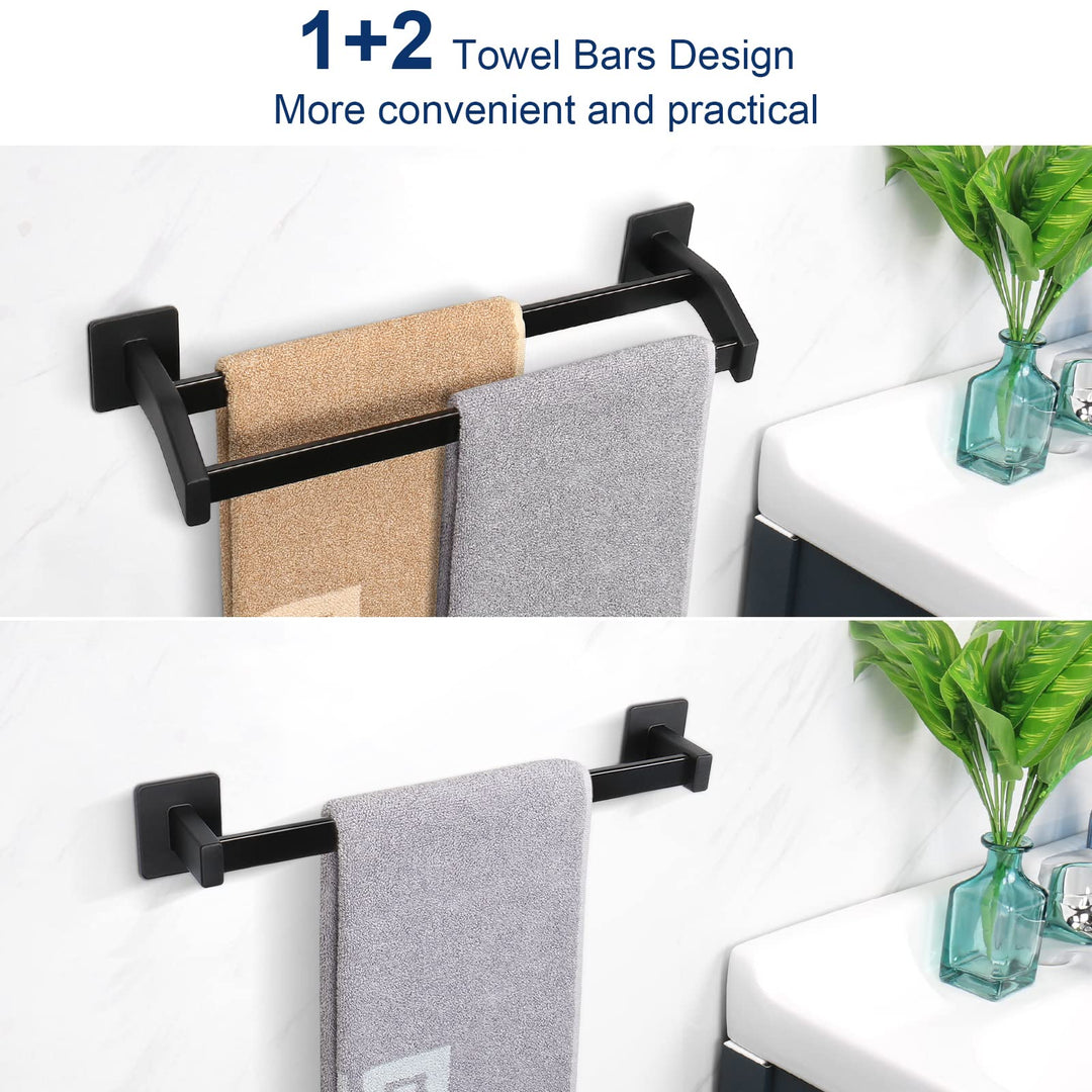 2 Pieces Bathroom Hardware Set, Premium Space Aluminum Single Towel Bar+ Double Towel Holder Rod, Glue Installation Towel Racks No Drill Bathroom Accessories (12 Inch, Matte Black)