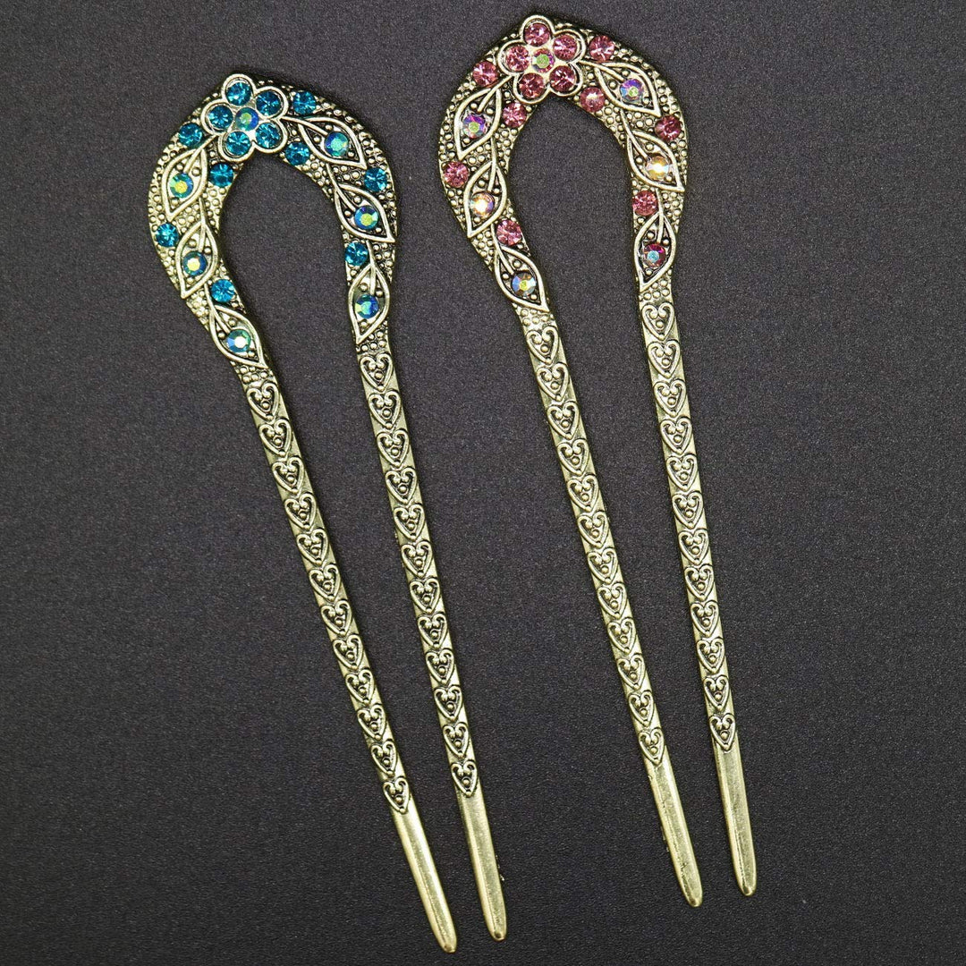2 Pcs Vintage Hair Stick, Crystal Rhinestone Double Prong Hair Pin Stick Hairstyle Chignon Hairpin