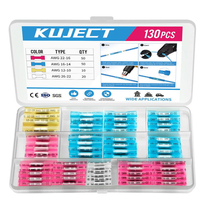 130PCS Heat Shrink Butt Connectors, 4 Sizes Insulated Waterproof Wire Connector kit, Tinned Copper Electrical Crimp Connectors for Automotive Marine Boat Truck Stereo Joint