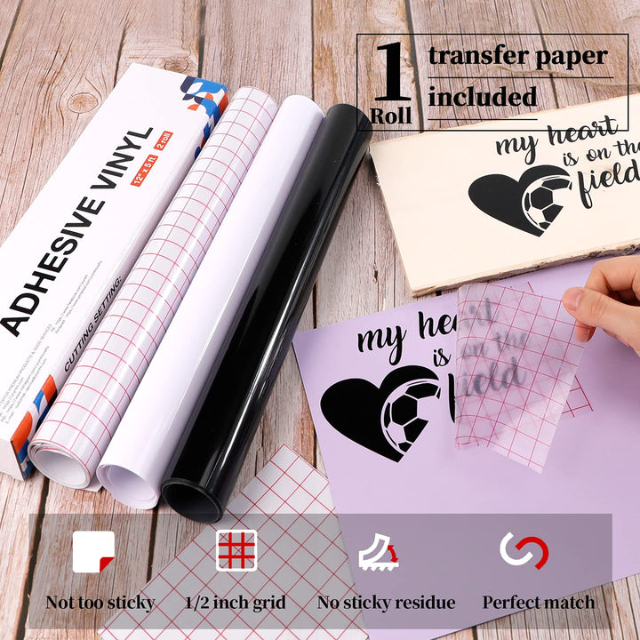 White &amp; Black Permanent Vinyl - 12 x 5ft Glossy Black Vinyl Roll and White Vinyl &amp; Transfer Tape Set, White Permanent Vinyl Black Vinyl for Cricut, Silhouette, Adhesive Vinyl for Craft Projects