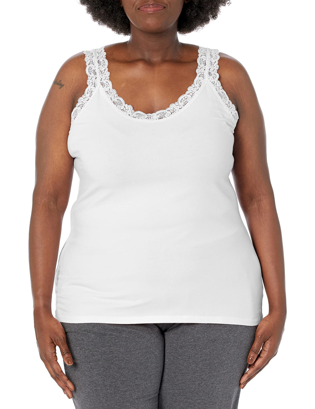 Just My Size Women&#39;s Plus Size Stretch Jersey Lace Trim Tank, White, 3X