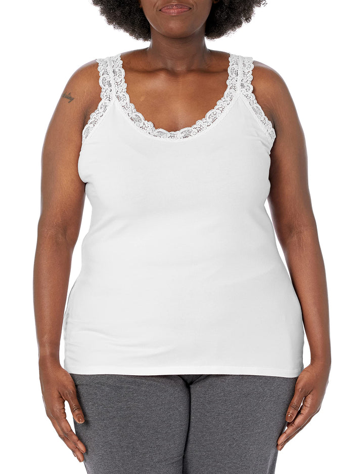 Just My Size Women&#39;s Plus Size Stretch Jersey Lace Trim Tank, White, 3X