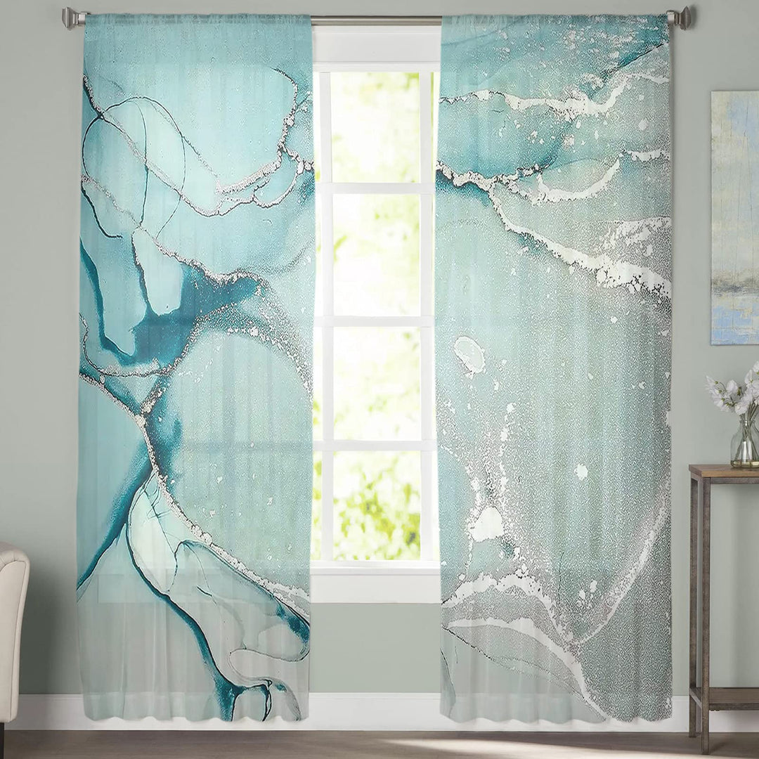 Marble Sheer Curtains 72 Inch Length 2 Panels Set, Green Aqua Marble Agate Semi Transparent Voile Rod Pocket Curtains for Living Dining Room Bedroom Drapes