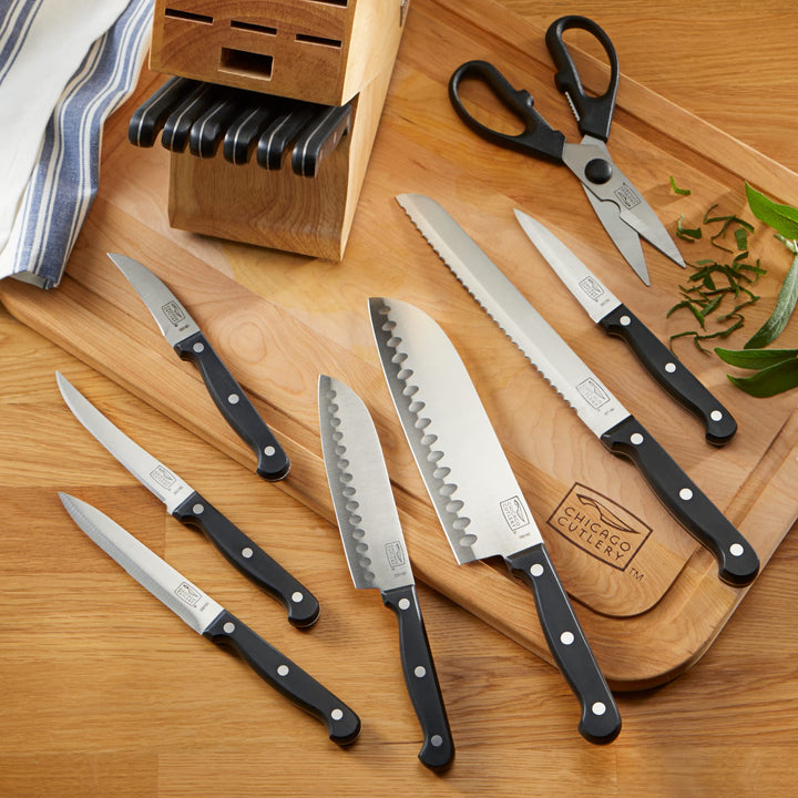 Essentials 15 Piece Stainless Steel Kitchen Knife Set with Shears, Paring, Fruit, Utility, Santoku, Bread, and Steak Knives, Knife Set for the Kitchen with Block