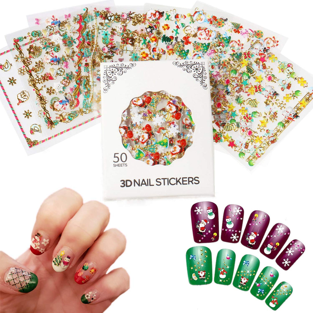 NiceDeco 50 Sheets Christmas &amp; New Year Theme 3D Nail Stickers Santa Claus Reindeer Xmas Tree Nail Art Tattoo Nail Decals DIY Nail Art Decoration Self-Adhesive Tip Stickers (More Than 1500Pcs)