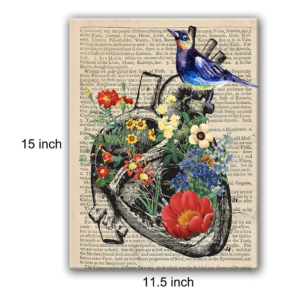 Vintage Human Anatomy Poster - Anatomy Canvas Wall Art Anatomical Bird on Heart Floral Canvas Print Painting Ready to Hang Gifts for Home/Office/Medical School Decor - Easel & Hanging Hook 12x15 Inch