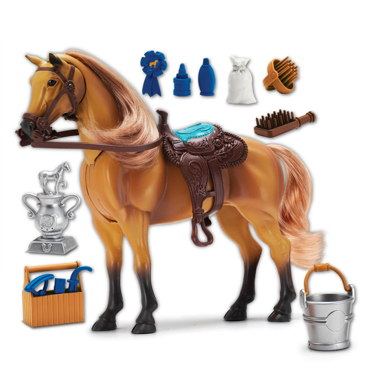 | Quarter Horse with Moveable Head, Realistic Sound and 14 Grooming Accessories | Blue Ribbon Champions Deluxe Toy Horses