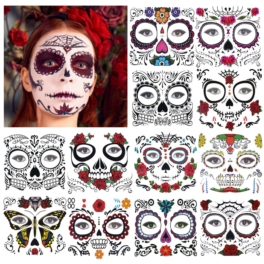 12 Pack Day of the Dead Sugar Skull Temporary Face Tattoo Halloween Makeup Tattoo for Men and Women
