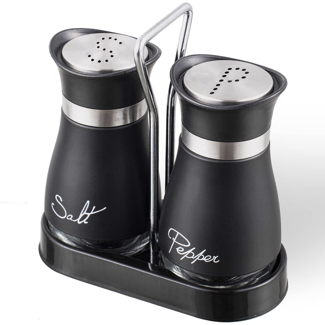 Salt and Pepper Shakers Set, Stainless Steel with Glass Bottle for Table, RV, Camp, BBQ, Set of 2, Black