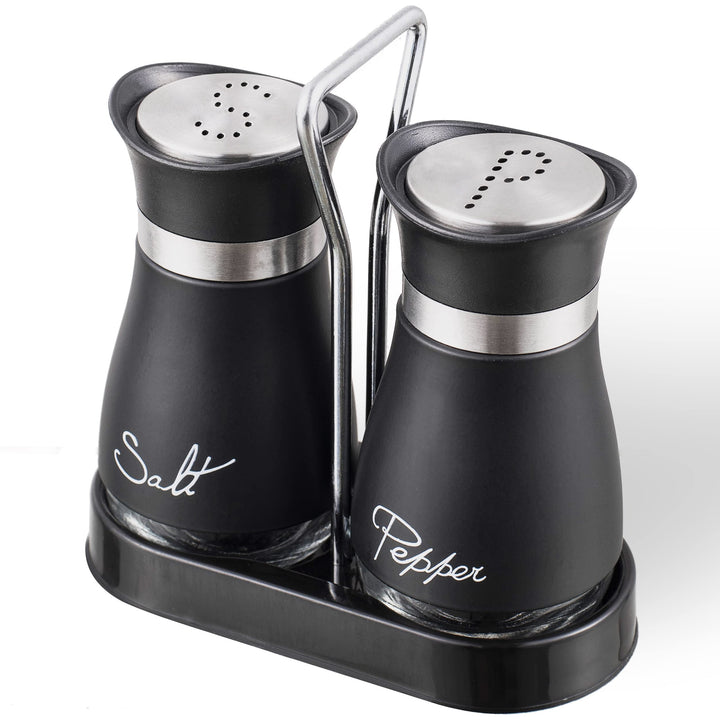 Salt and Pepper Shakers Set, Stainless Steel with Glass Bottle for Table, RV, Camp, BBQ, Set of 2, Black